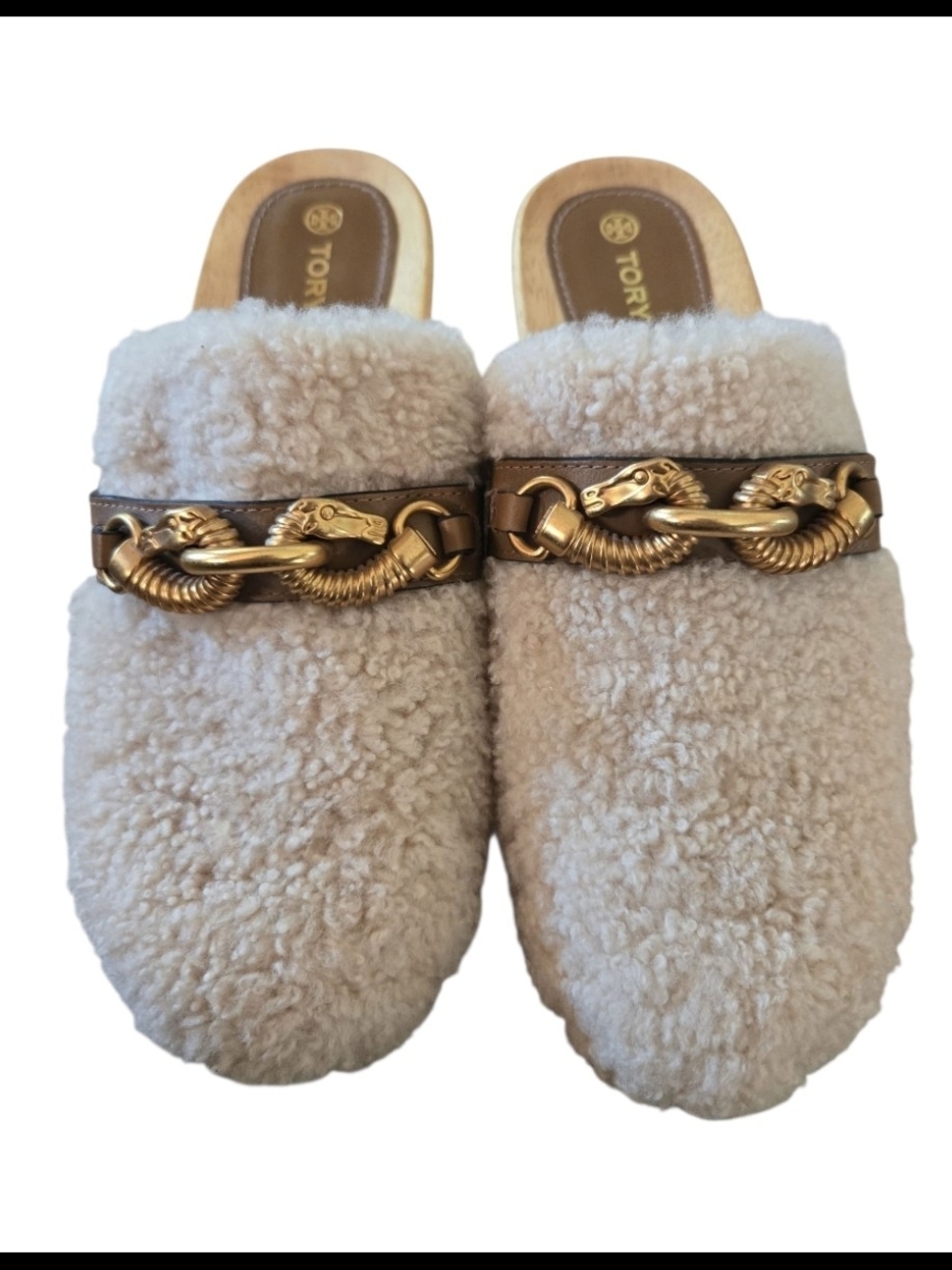 Tory Burch Jessa Cream Shearling Horse Head Horsebit Wood Clogs in size 8
